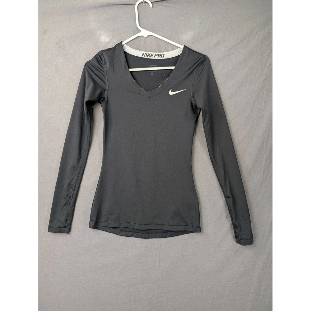 Nike Pro Womens Long Sleeve Compression Shirt Black V-Neck Dri-Fit XS